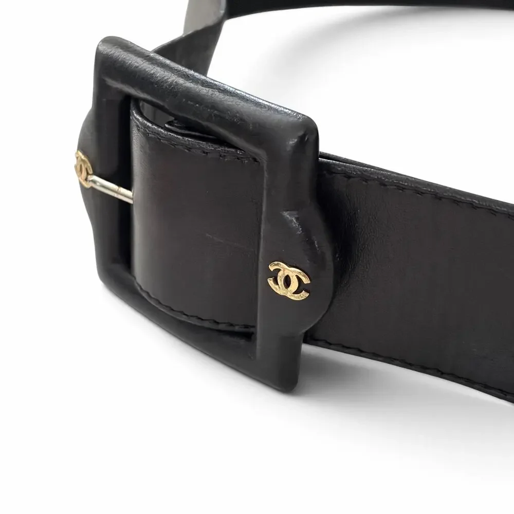 Chanel Vintage 90s Wide Black Leather Belt Gold CC Logo Hardware France